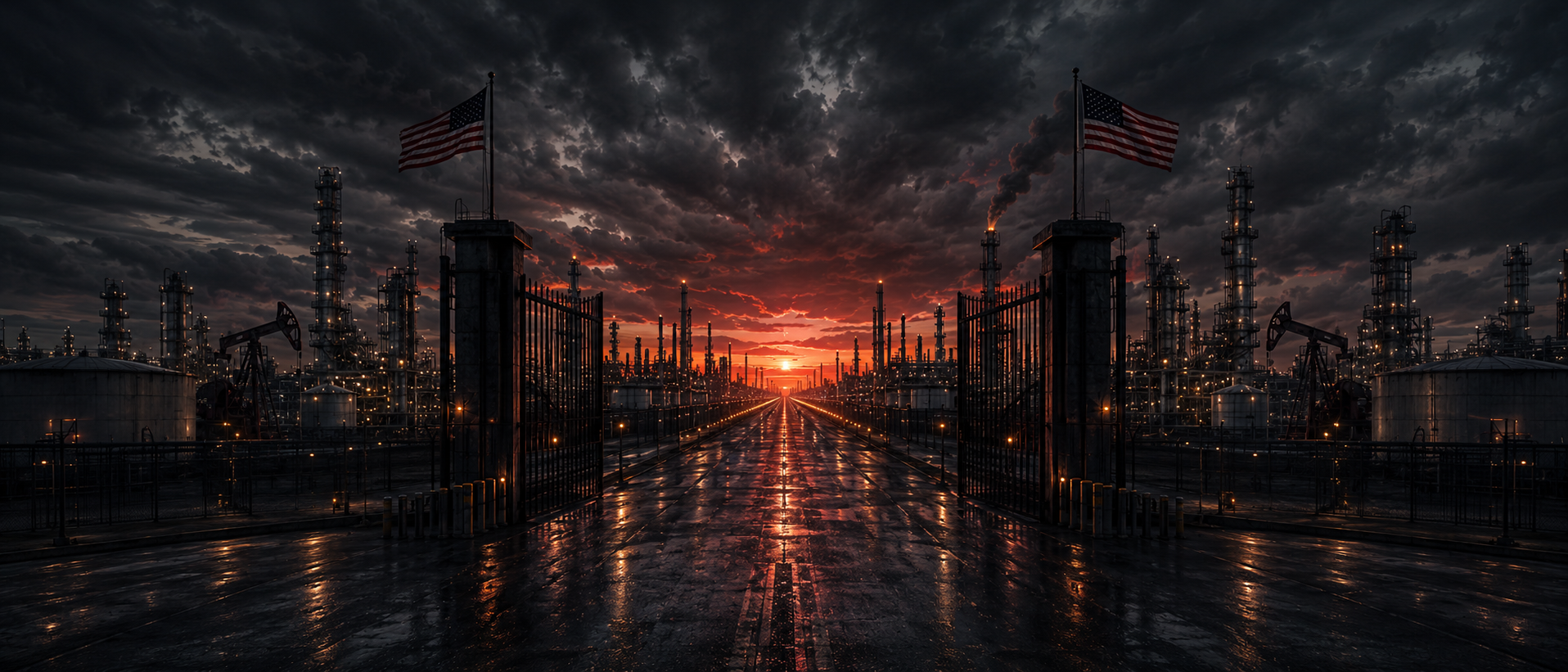 Refinery gates at sunset flanked by American flags